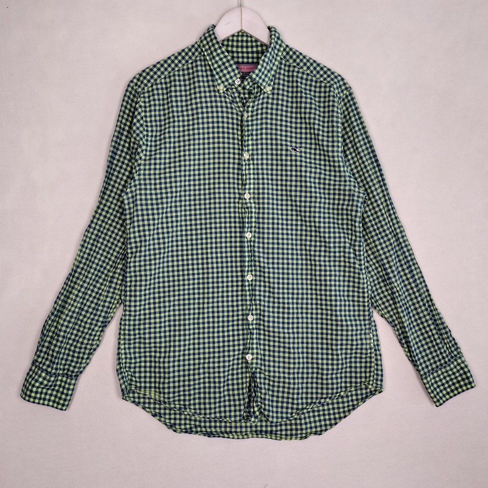 Vineyard Vines Mens Slim Fit Whale Shirt Green Blue Gingham Button Down Medium